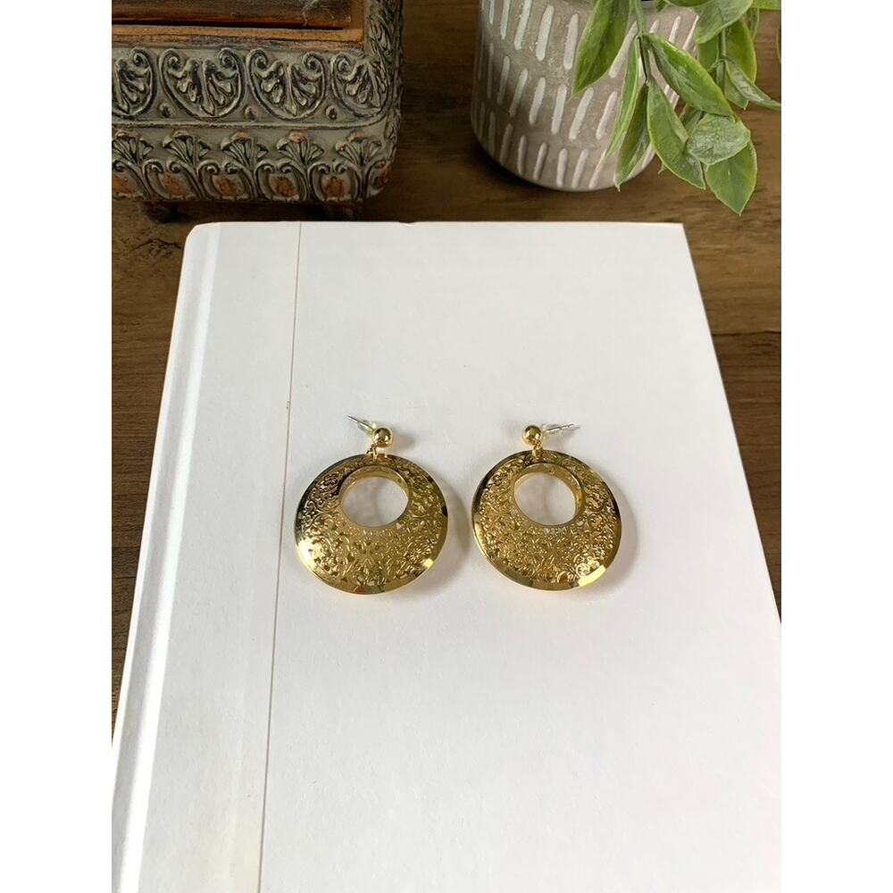 Goldtone Floral Filigree Statement Dangle Earrings Boho Cocktail Feminine